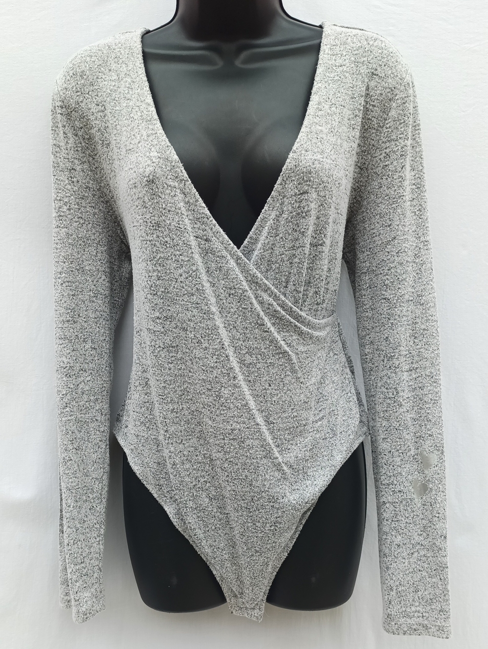 Heather Gray Wrap-Front Long Sleeve Bodysuit W Silver Birdscape Along The Back